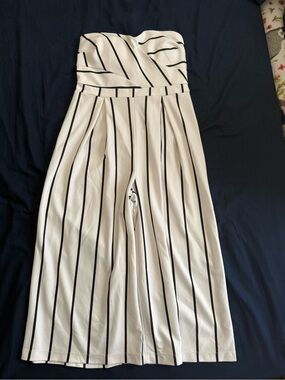 VENUS White Strapless Jumpsuit with Black Pinstripes